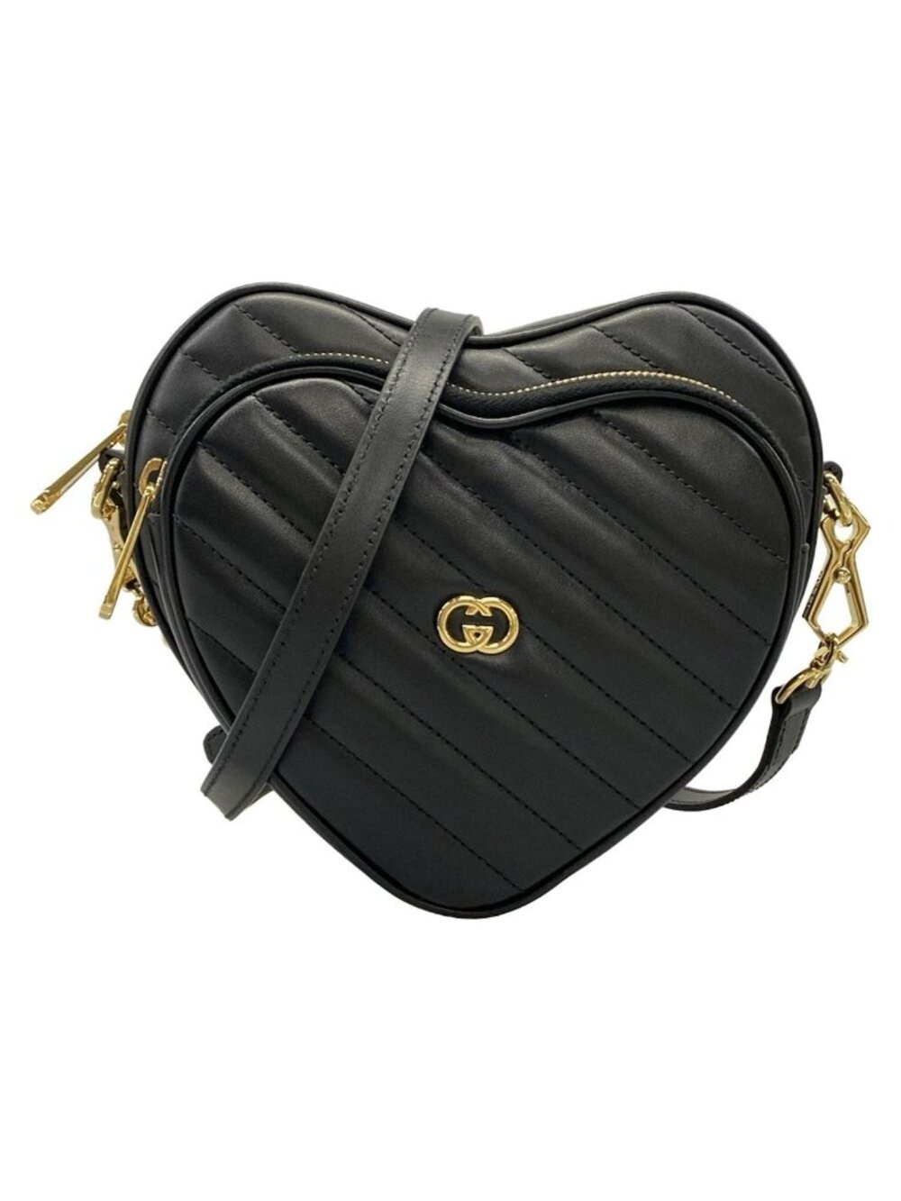 Gucci Shoulder Bag Interlocking Mini Heart Bag Black Quilted Detachable Strap